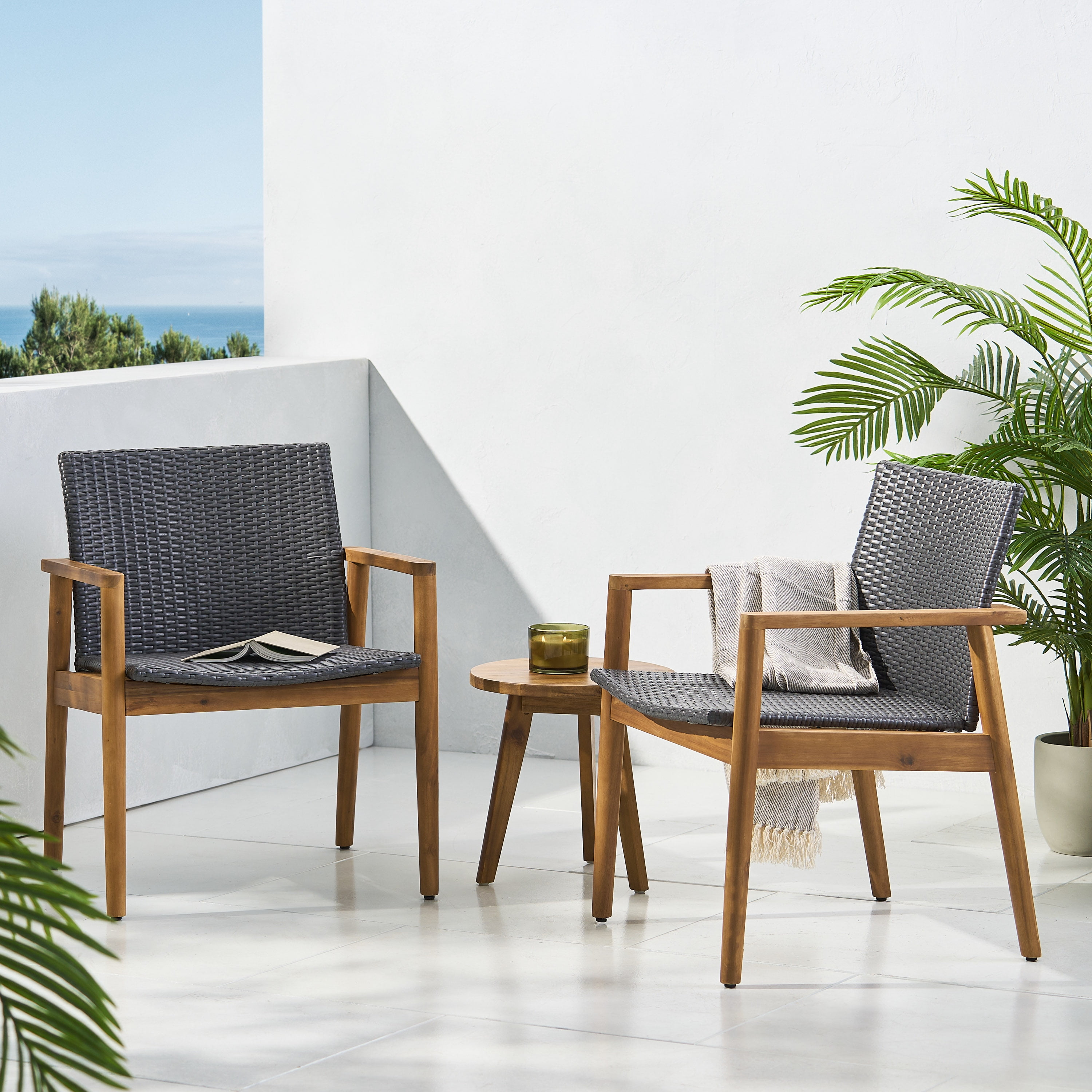 Remuda Wicker and Acacia Wood Outdoor Club Chairs, Set of 2, Gray and