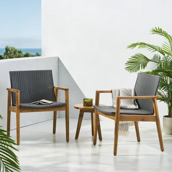 Remuda Wicker and Acacia Wood Outdoor Club Chairs, Set of 2, Gray and Teak