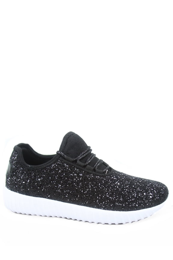 Remy-18 Women's Fashion Flat Glitter Light weight Lace Up Rubber Running Athletic Shoes ( Black, 6 )