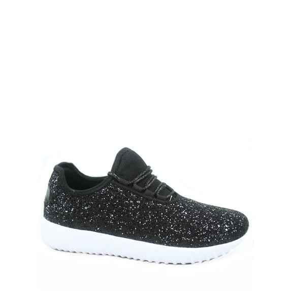 Remy-18 Women's Fashion Flat Glitter Light weight Lace Up Rubber Running Athletic Shoes ( Black, 6 )