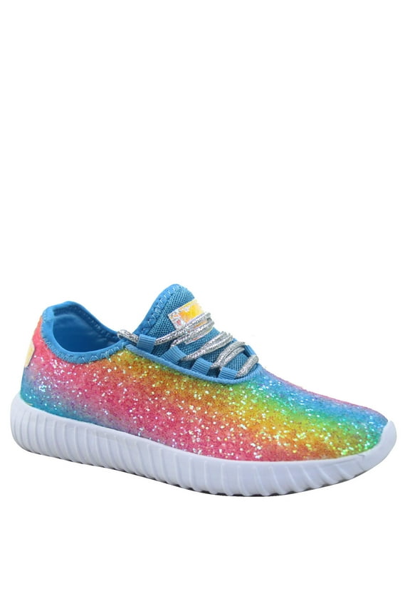 Remy-18 Women's Fashion Flat Glitter Light weight Lace Up Rubber Running Athletic Shoes ( Rainbow Blue, 5 )