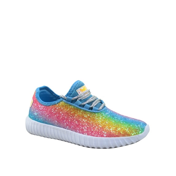 Remy-18 Women's Fashion Flat Glitter Light weight Lace Up Rubber Running Athletic Shoes ( Rainbow Blue, 5 )