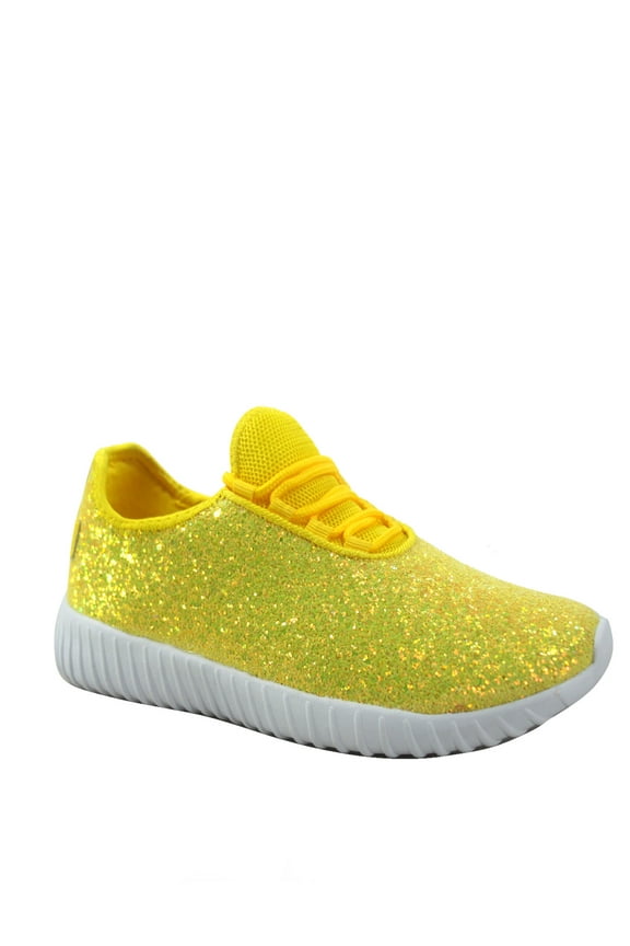 Remy-18k Youth Girl's fashion Flat Lace Up Light weight Glitter Sneaker Athletic Shoes ( Yellow, 4 )
