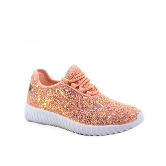 Remy-18k Youth Girl's fashion Flat Lace Up Light weight Glitter Sneaker Athletic Shoes