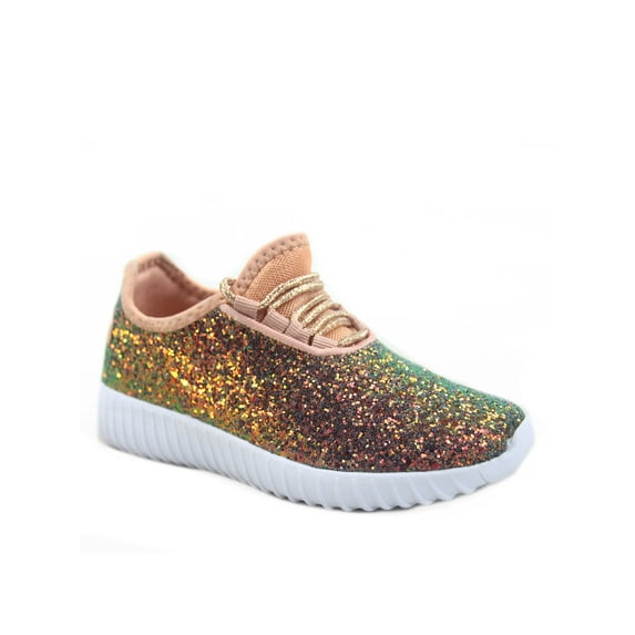 Remy-18k Youth Girl's fashion Flat Lace Up Light weight Glitter Sneaker Athletic Shoes