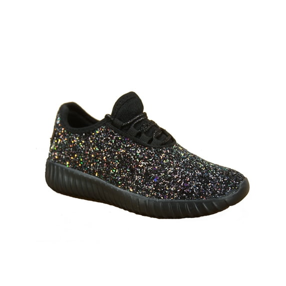Remy-18k Youth Girl's fashion Flat Lace Up Light weight Glitter Sneaker Athletic Shoes