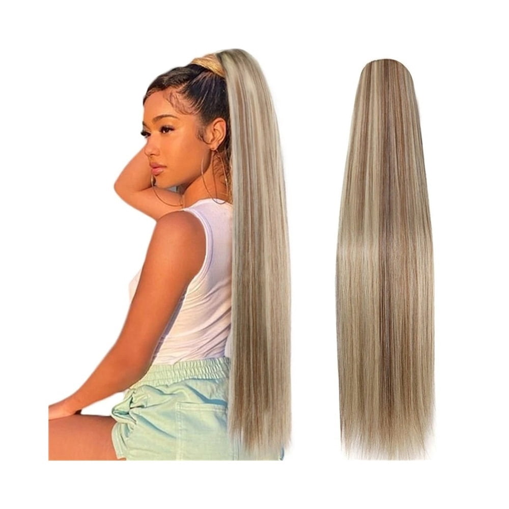 Remy Human Hair Extensions 16-26 Inches Long Straight Drawstring Ponytail Hairpiece P8/613 Highlights Bleach Blonde