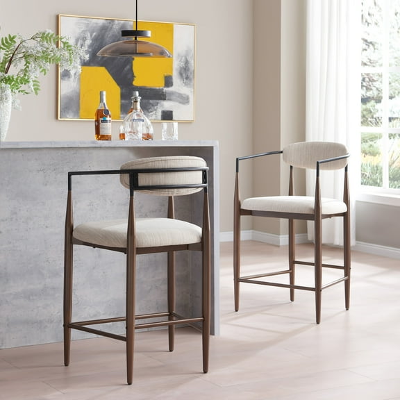 Remy Modern 25" Upholstered Counter Stools with Iron Frames, Beige+Black, Set of 2