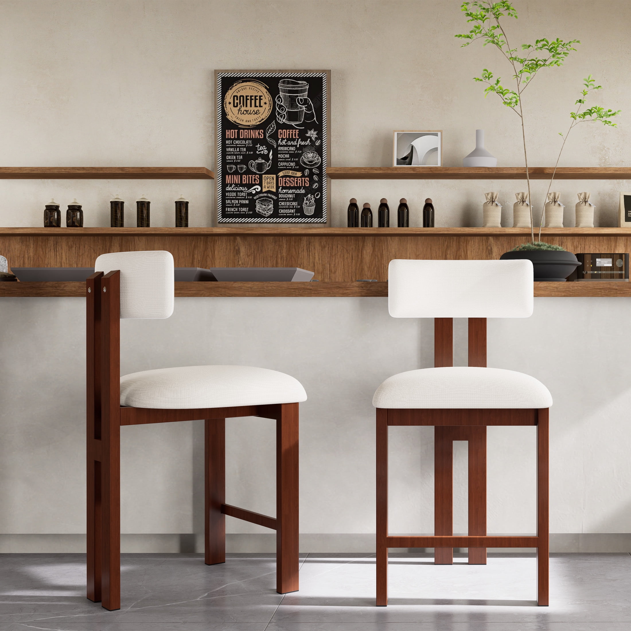 Remy Modern 26.5" Fabric Upholstered Barstools with Iron Frame, Walnut+White, Set of 2