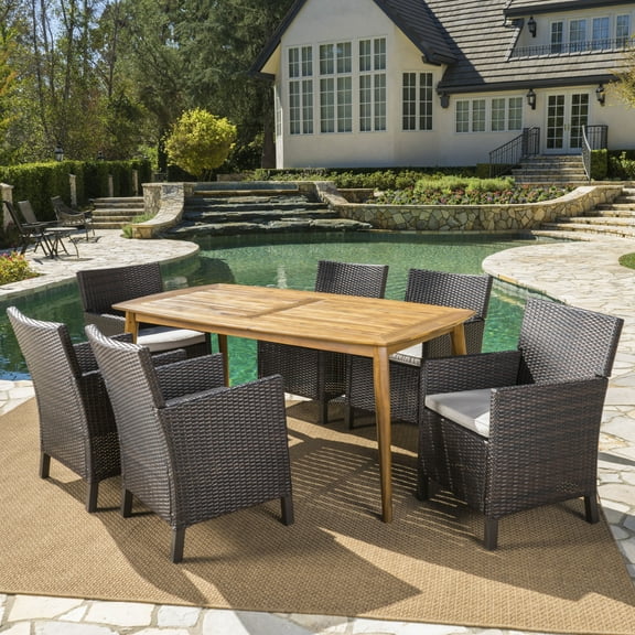 Remy Outdoor 7 Piece Wicker Dining Set with Teak Finished Round Acacia Wood Table and Cushions, Multibrown, Light Brown