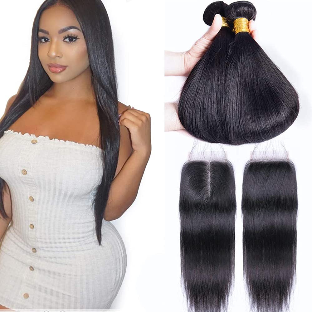 Remy Straight Human Hair 3 Bundles with 4x4 Lace Closure 100g Per Bundle Gross Weight Natural Black Color