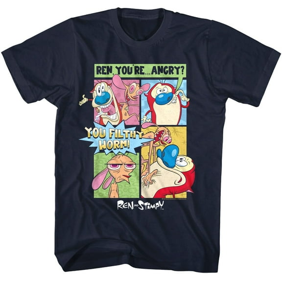 Ren and Stimpy Angry Comic Strip Men's T Shirt (Navy, Adult4XL)