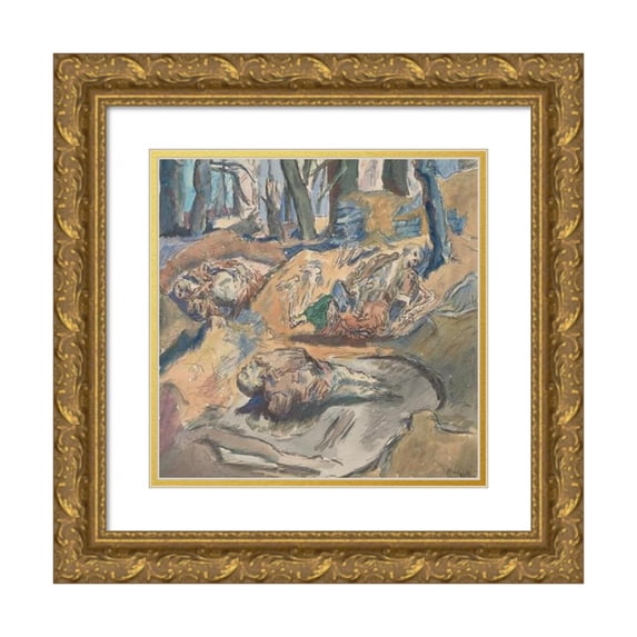 René Beeh 16x15 Gold Ornate Wood Frame and Double Matted Museum Art Print Titled - Dead Scottish Soldiers on the Battlefield Near Ypres (1916)