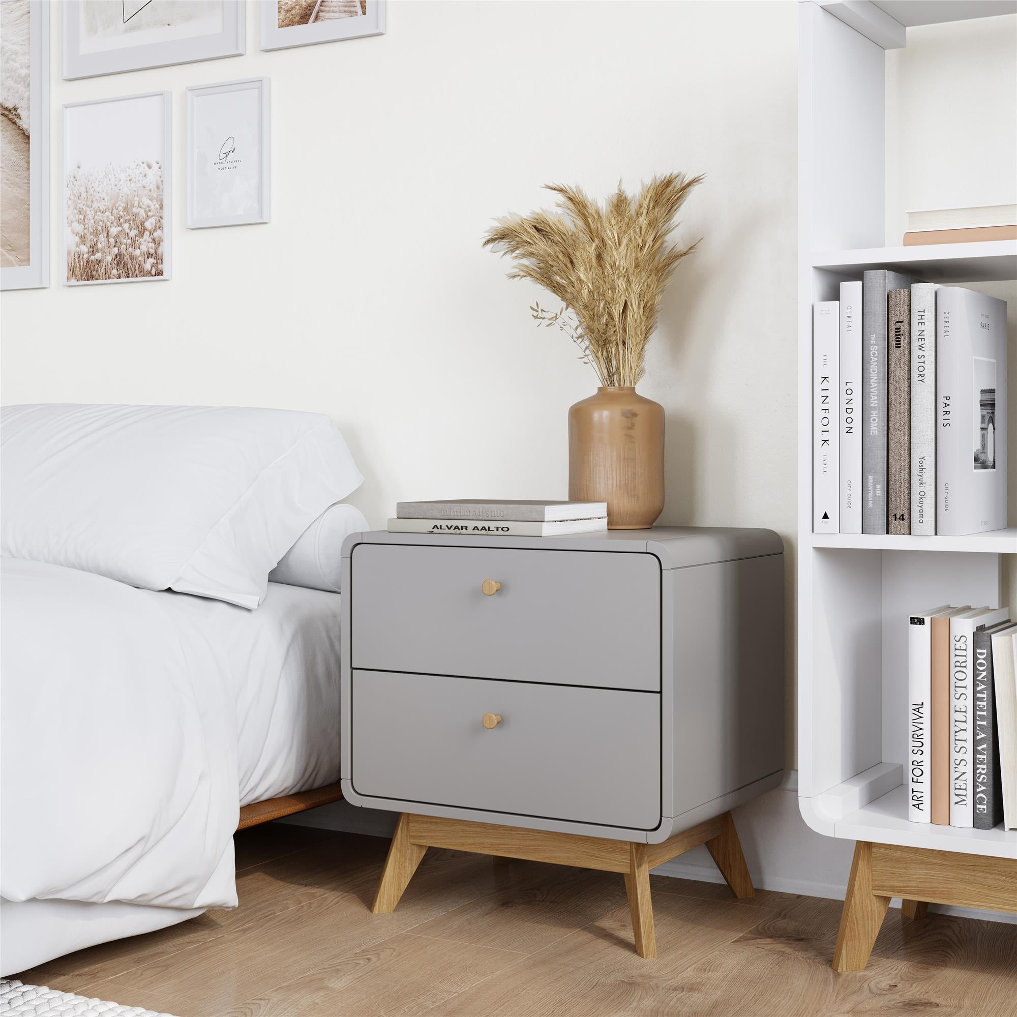 Gray Scandinavian 2-Drawer Nightstand with Natural Wood Legs