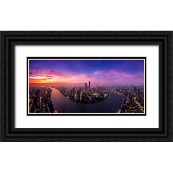 Ren Rong, Raymond 24x13 Black Ornate Wood Framed with Double Matting Museum Art Print Titled - The Morning Glow in Lujiazui Shanghai