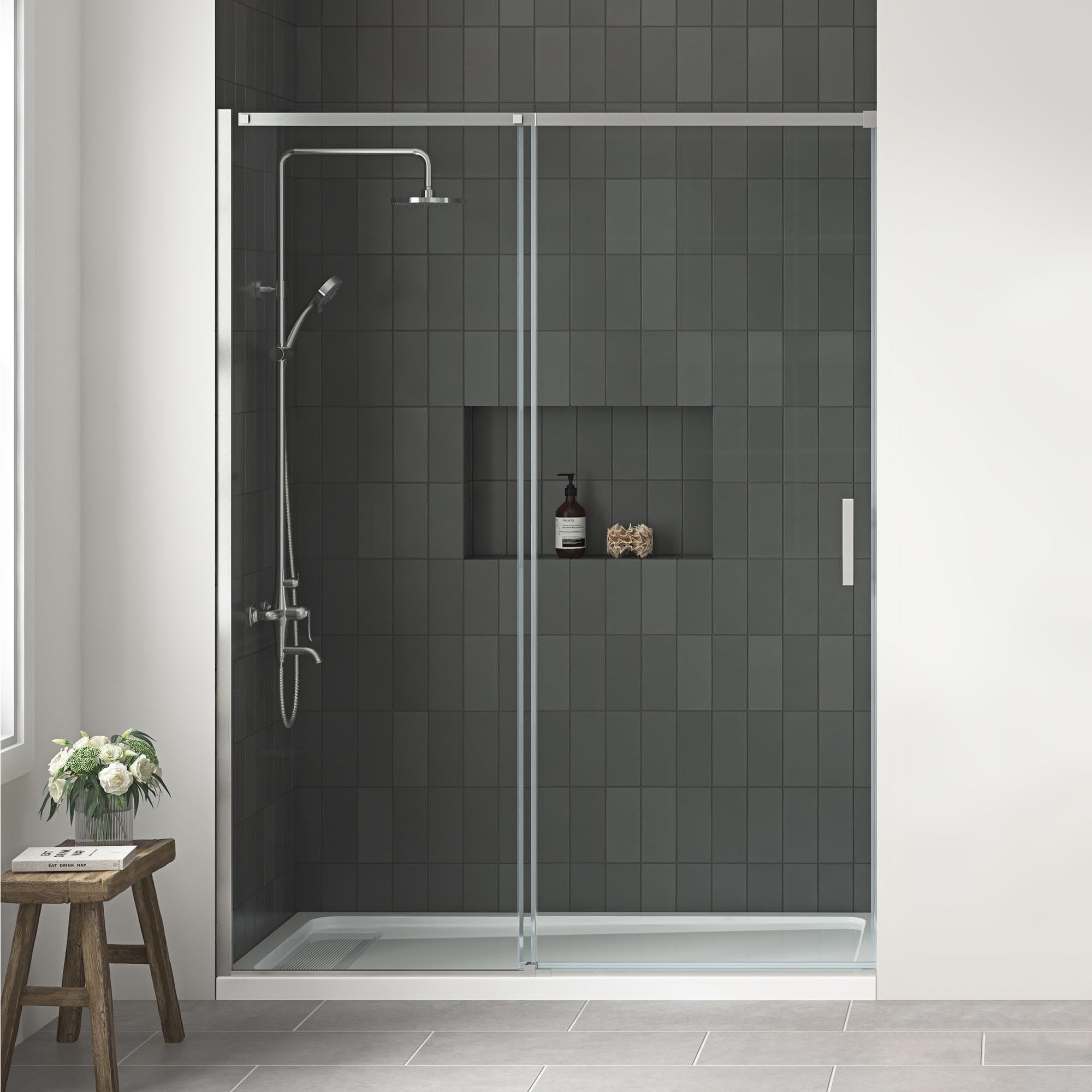 Ove Decors Tampa 92-13/16 in. W x 72 in. H Rectangular Pivot Frameless  Corner Shower Enclosure in Nickel with Buttress Panels