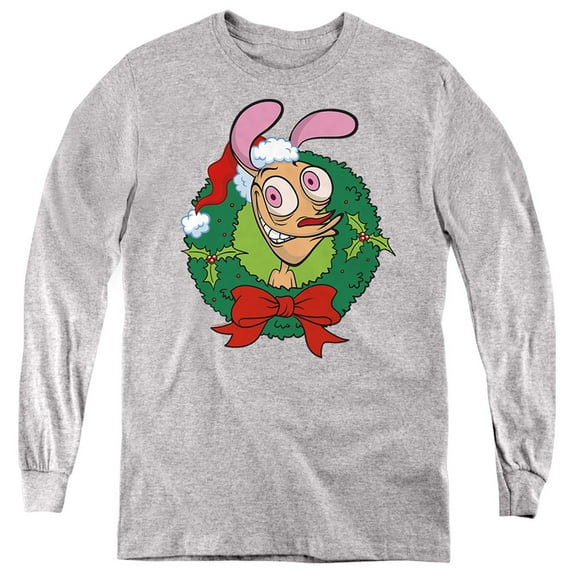Ren & Stimpy Christmas Wreath Ren With Santa Hat Kids Long Sleeve T-Shirt for Youth Boys and Girls