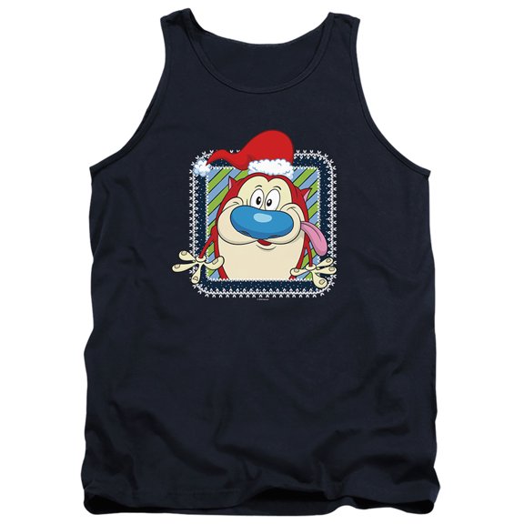 Ren & Stimpy Festive Stimpy with Christmas Santa Hat Unisex Adult Tank Top,Navy, Large