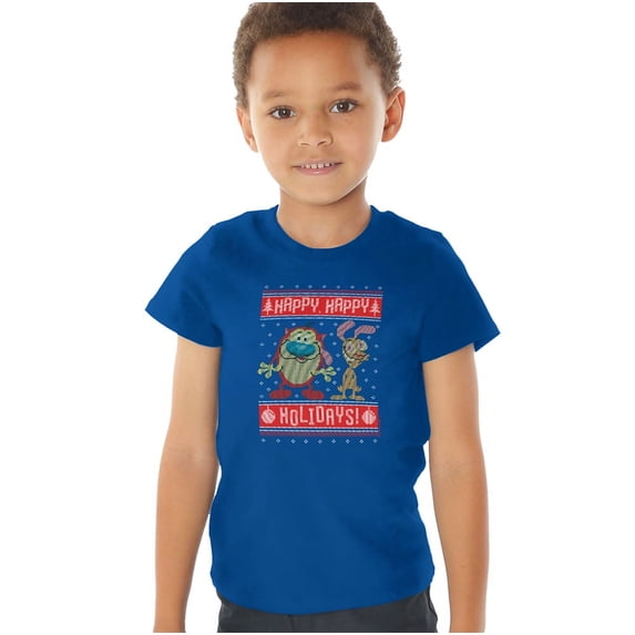 Ren & Stimpy Happy, Happy Holidays Ugly Christmas Sweater Kids T Shirt for Youth Toddler Boys and Girls