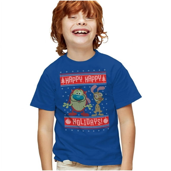 Ren & Stimpy Happy, Happy Holidays Ugly Christmas Sweater Kids T Shirtfor Youth Toddler Boys and Girls