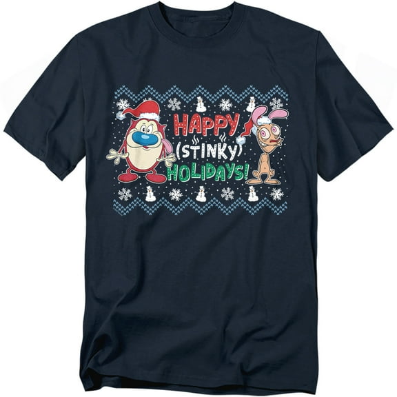 Ren & Stimpy T-Shirt Happy Stinky Holidays Ugly Christmas Sweater Unisex Graphic Tee For Men & Women