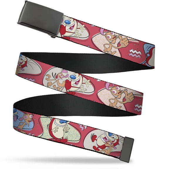 Adjustable Belt, Clamp Buckle, Cut-to-Fit, Ren and Stimpy Single and Group Poses Pink
