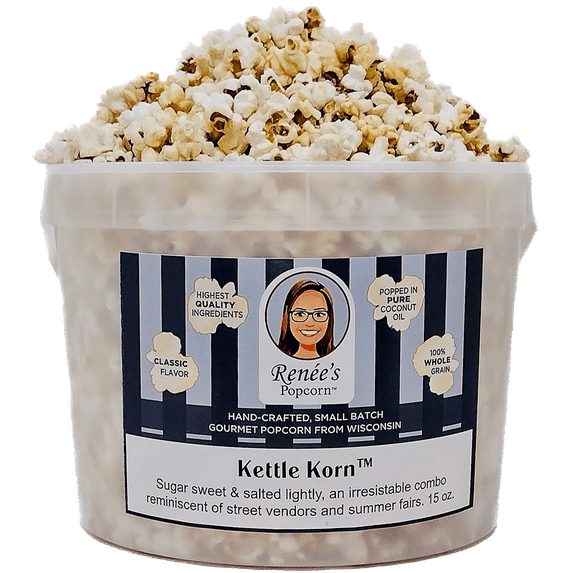 Renée’s Kettle Korn™ Gourmet Popcorn - sugar sweet, salted lightly a delightful, crispy, sweet popped fresh delightful snack or gift in 1.1-gallon plastic bucket tin, 15oz party size.