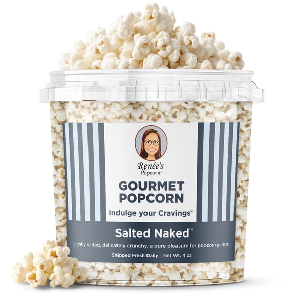 Renes Salted Naked Gourmet Popcorn - lightly salted popcorn using 3 pure ingredients,  delicate crunchy fun in delightful snack or gift in 1.1-gallon plastic bucket tin, 4oz party size.