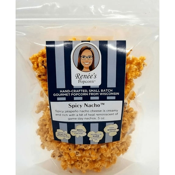 Renée’s Spicy Nacho™ Gourmet Popcorn – Wisconsin cheddar cheese blended with Jalapeño spice for a treat that’s zesty on fresh popped corn, snack or gift – resealable, 5oz family size bag