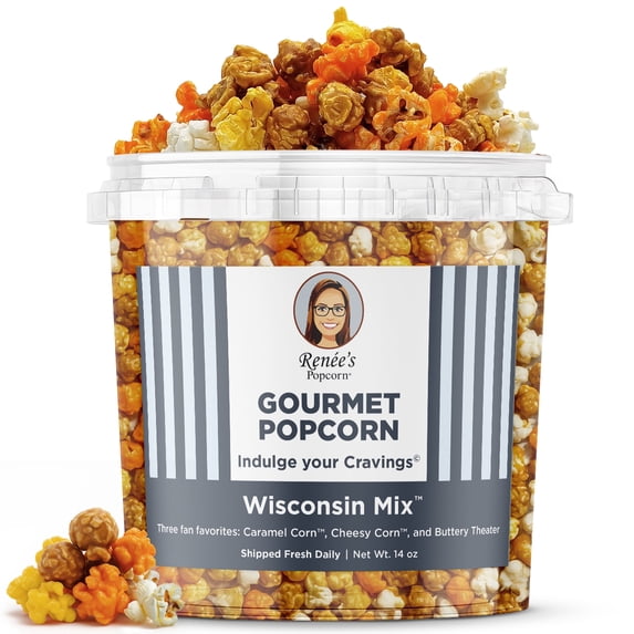 Renée’s Wisconsin Mix™ Gourmet Popcorn – Three fan favorites: Caramel Corn, Cheesy corn, and Buttery Theater popped fresh, handmade snack or gift in 1.1-gallon plastic bucket tin, 14 oz