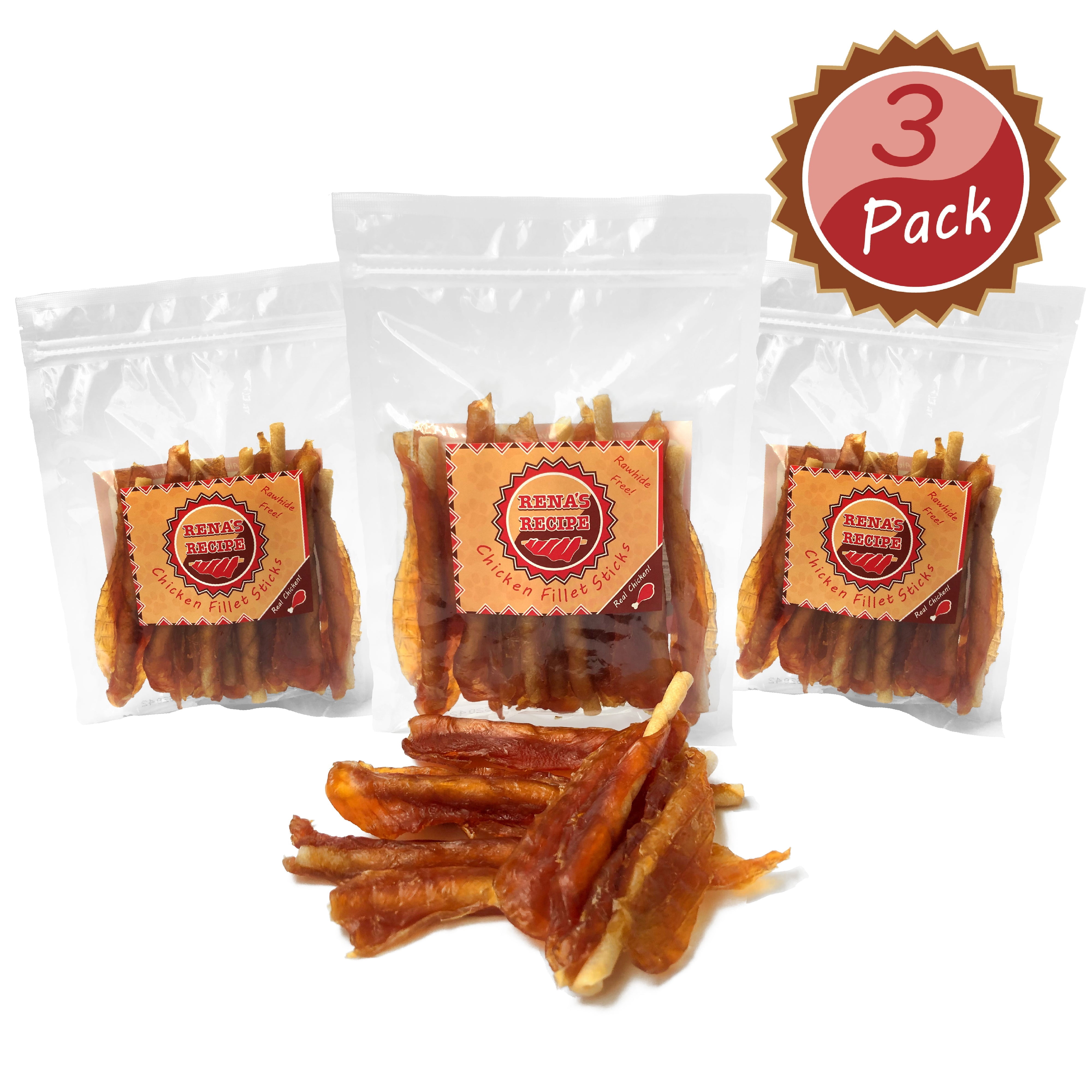 Rena's Recipe Chicken Fillet Sticks Dog Treats 8 Count (Pack of 3) Rawhide Free High Protein Soft Chews