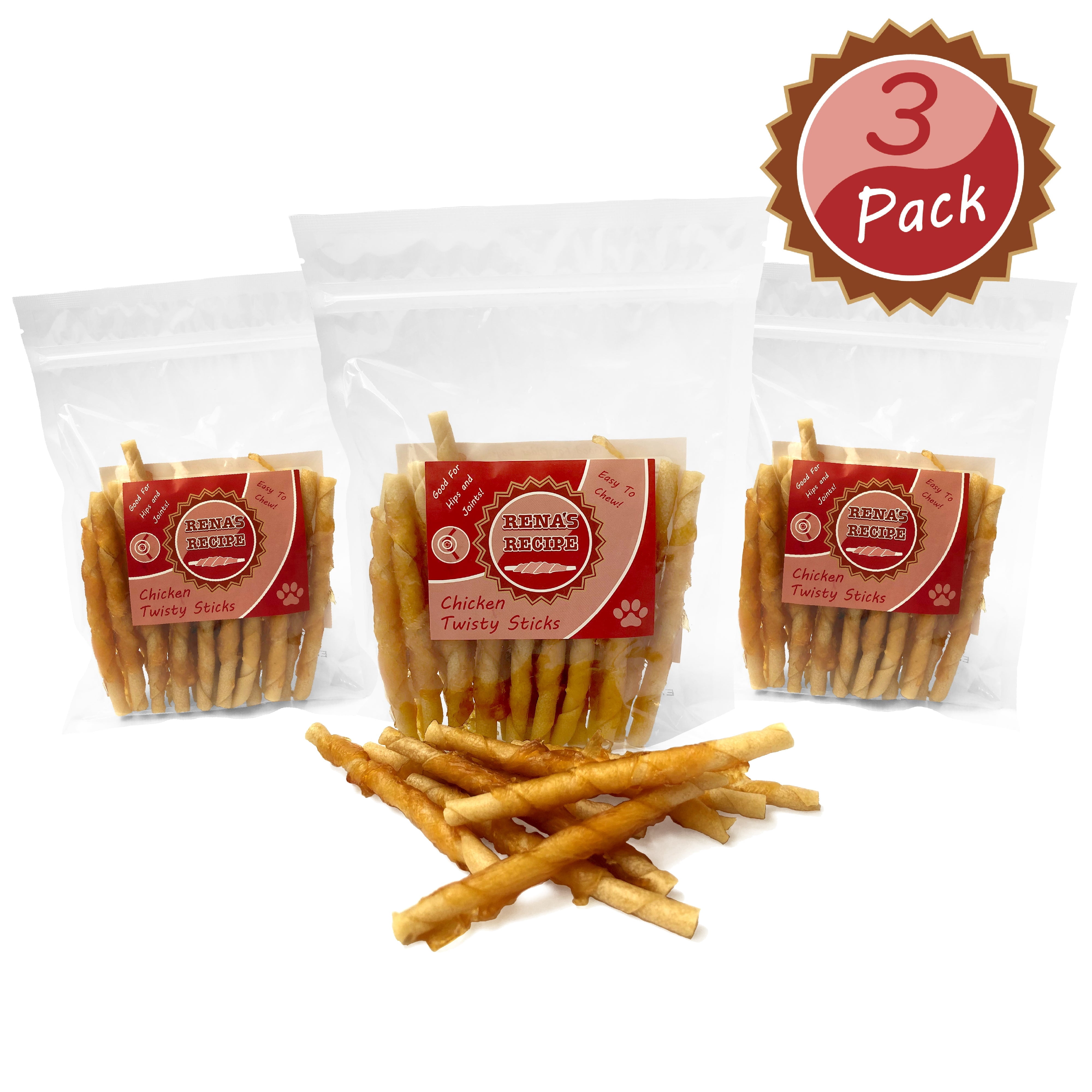 Rena's Recipe Chicken Twisty Sticks Dog Treats 8 oz (Pack of 3) Rawhide Free Soft Chews Easy to Digest