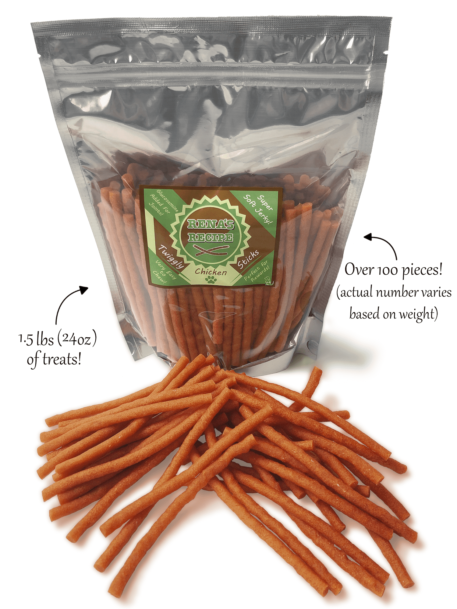 Rena's Recipe Chicken Twiggly Sticks Dog Treats 24 oz Soft Chews Easy to Chew Senior Dogs High Protein
