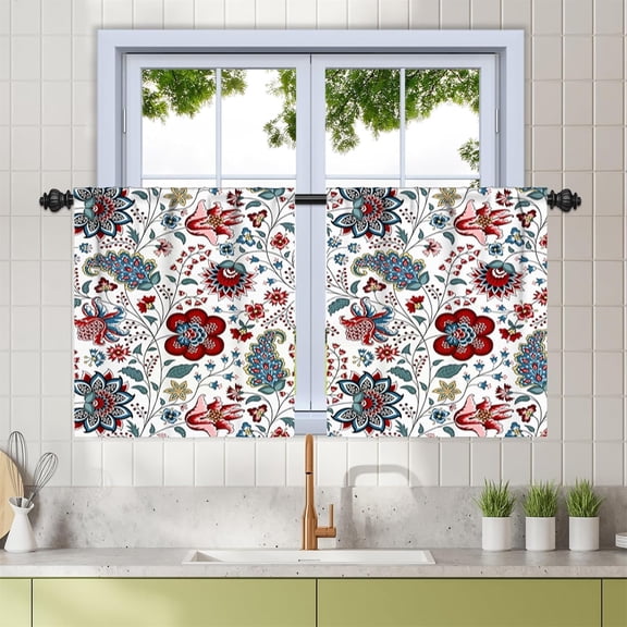 Renaiss 26 x 24 Inch Boho Floral Kitchen Curtains Flower Print Linen Tier Curtains Bohemian Cafe Small Drapes for Bathroom Rv Camper Farmhouse Country Light Filtering Curtain Rod Pocket 2 Panels
