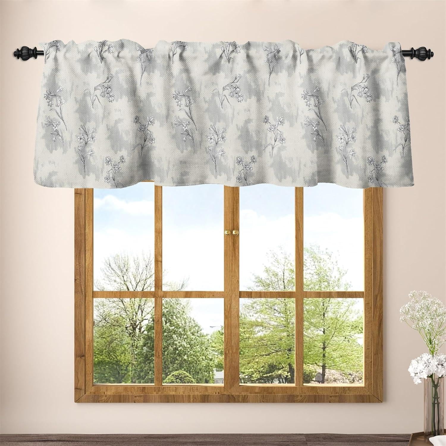 Renaiss 42 x 12 Inch White Flower Linen Valance for Windows Kitchen ...