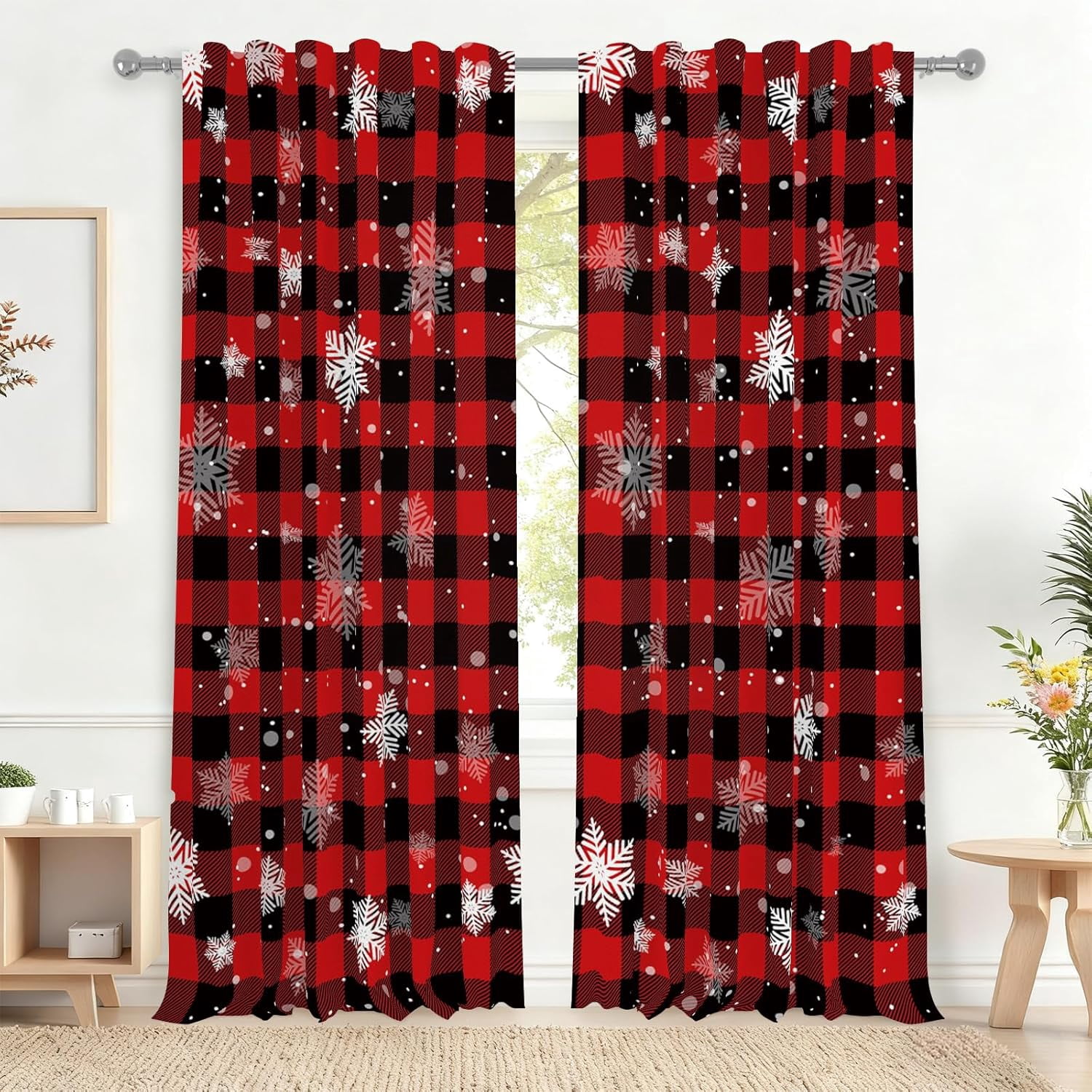 Renaiss 53 x 84 Inch Red and Black Buffalo Plaid Kitchen Curtains ...