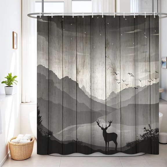 Renaiss 60 x 72 Inch Rustic Deer Shower Curtain Black Elk Mountain River Grey Boards Bathroom Shower Curtains Rustic Hunting Lodge Country Farmhouse Outdoor Gray Fabric Curtain with Hook