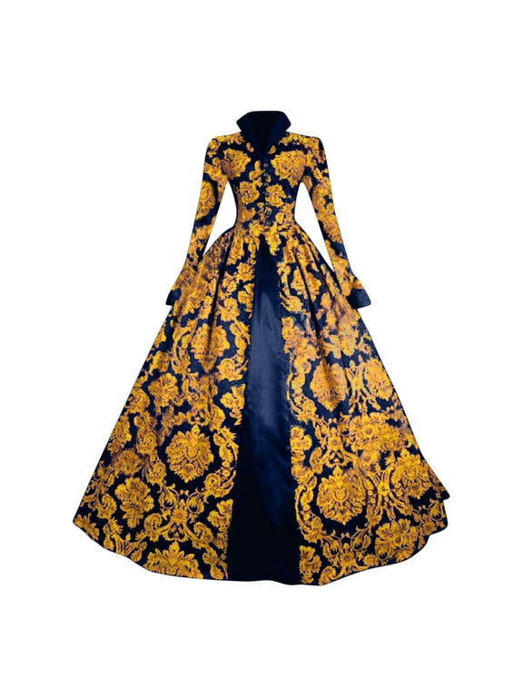Renaissance Ball Gown for Women, Gold Brocade Long Sleeve Victorian Floor Length Dress