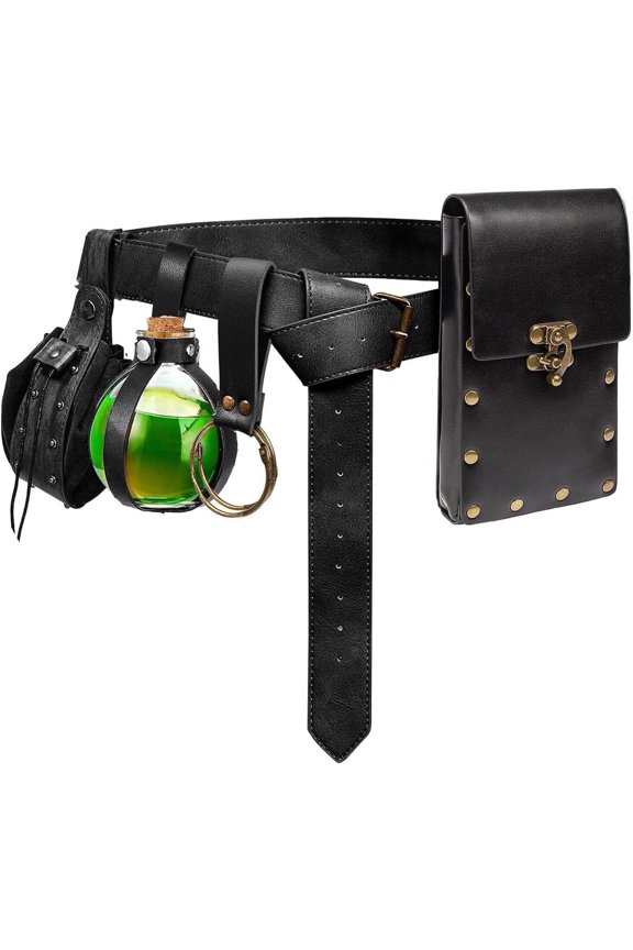 Renaissance Belt Pouch Coin Purse Skirt Hike Set Medieval Festival Costume Halloween Accessories Casual Fanny Pack Waist Bag (Pouch & Bottle-Black)