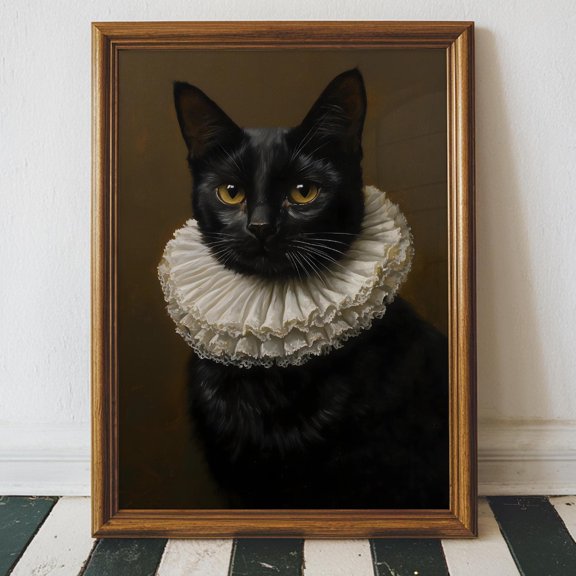 Renaissance Black Cat Poster, Regal Pet Portrait With Ruffled Collar, Noble Animal, Whimsical Gothic, Nature Inspired Living Room Decor