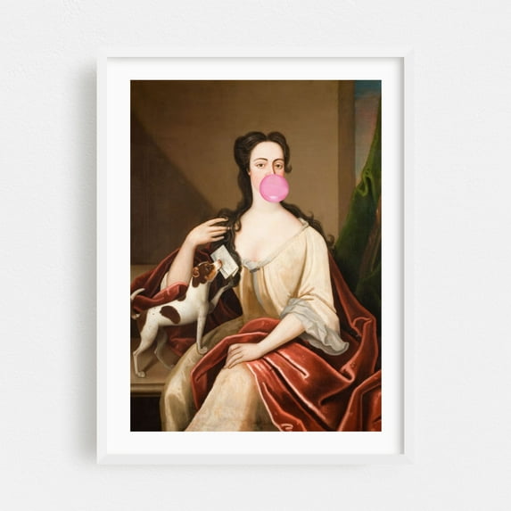 Renaissance Bubble Gum Portrait and Dog - Photography Pop Art Surrealism Humor Vintage Dog Whimsical White Framed Wall Art Print 24 x 36 inches