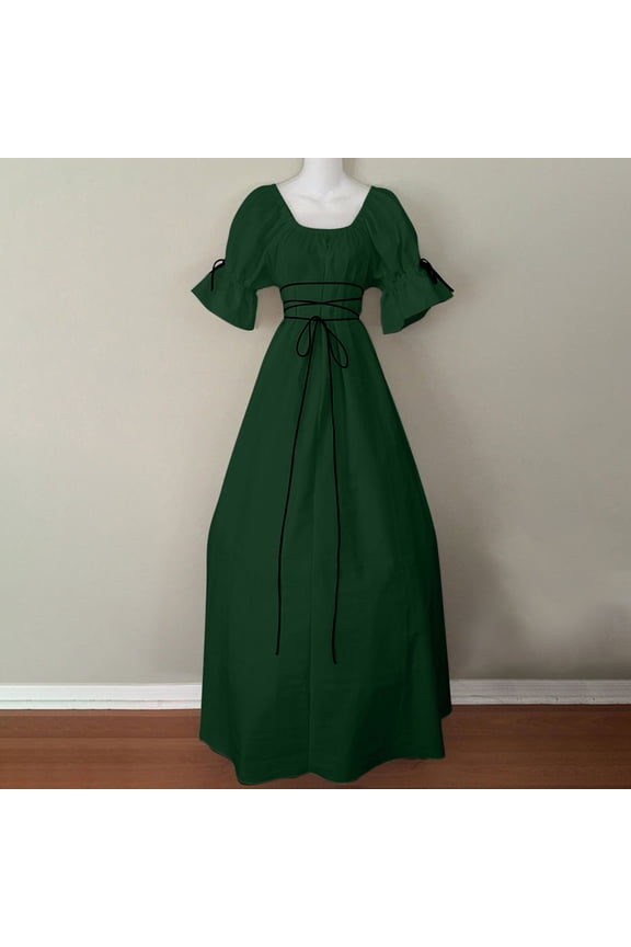 Renaissance Celtic Dress Women Tie Waist Short Sleeve A-Line Maxi Victorian Dresses Halloween Costumes