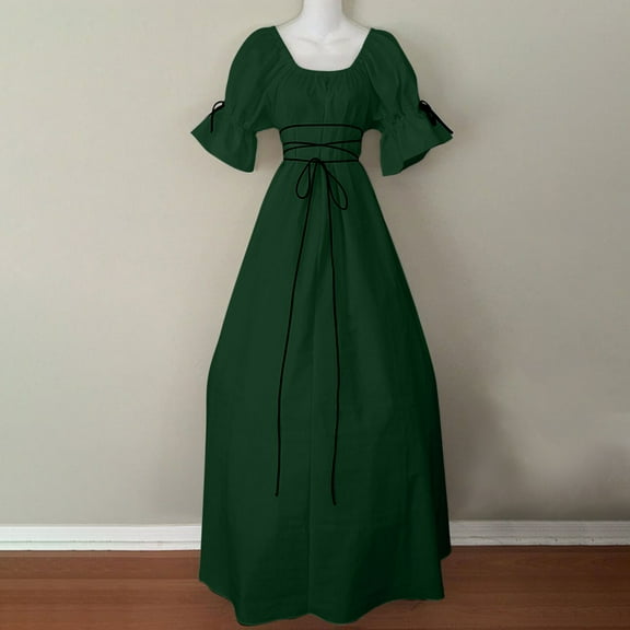 Renaissance Celtic Dress Women Tie Waist Short Sleeve A-Line Maxi Victorian Dresses Halloween Costumes