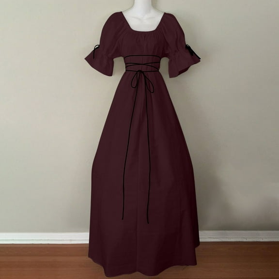 Renaissance Celtic Dress Women Tie Waist Short Sleeve A-Line Maxi Victorian Dresses Halloween Costumes