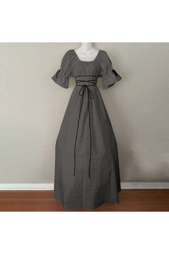 Renaissance Celtic Dress Women Tie Waist Short Sleeve A-Line Maxi Victorian Dresses Halloween Costumes