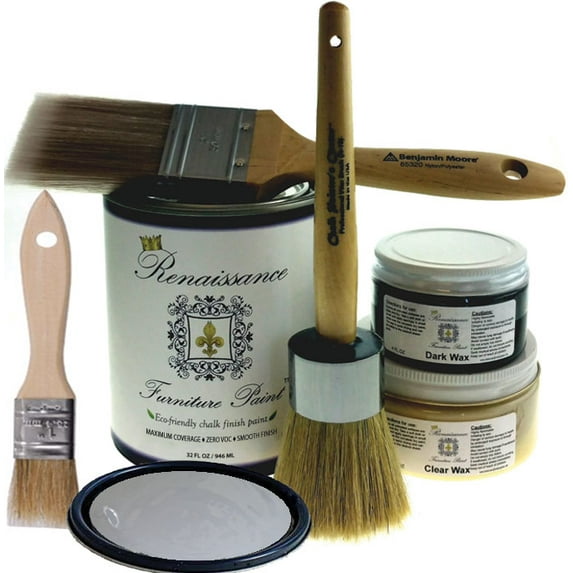 Renaissance Chalk Furniture Paint Deluxe Starter Kit - Stone Castle - 32oz Paint/13oz Clear Wax/4oz Dark Wax/2" Paint Brush/1.5" Wax Brush/1" Detail Wax Brush