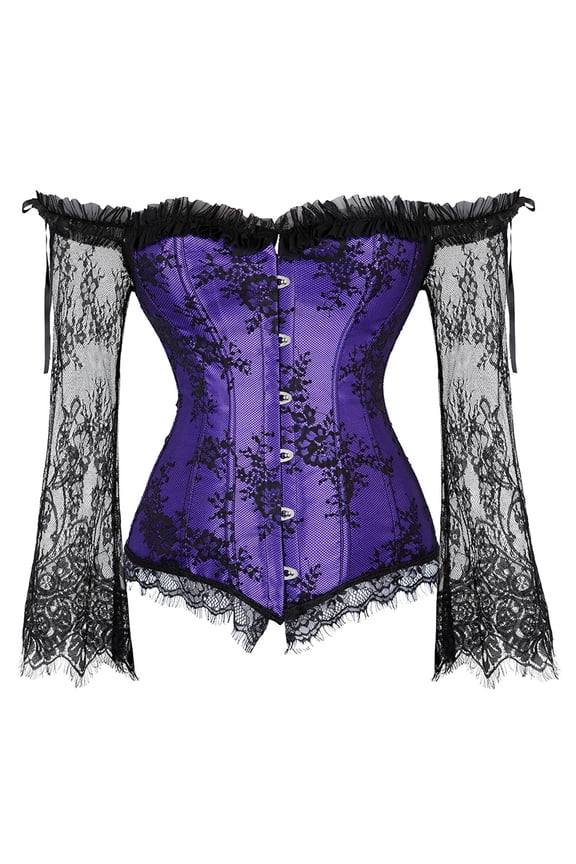 For Women Lace Long Sleeves Corset Top Victorian Overbust Corset Off Shoulder Corselet