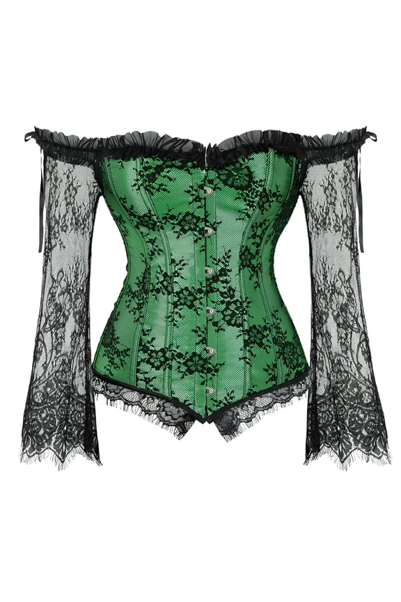 For Women Lace Long Sleeves Corset Top Victorian Overbust Corset Off Shoulder Corselet