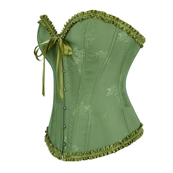 Renaissance Corset Women Vintage Ruffles Halloween Boned Bustier Bodysuit with Front Tie Lace Up 1920S Retro Overbust Push Up Waist&nbsp;Trainer Green L