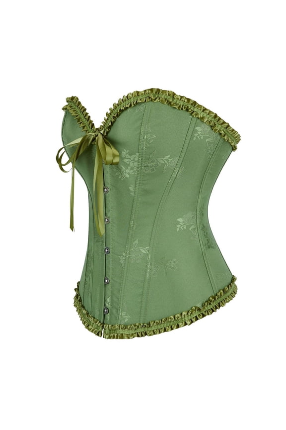 Renaissance Corset Women Vintage Ruffles Halloween Boned Bustier Bodysuit with Front Tie Lace Up 1920S Retro Overbust Push Up Waist Trainer Green L
